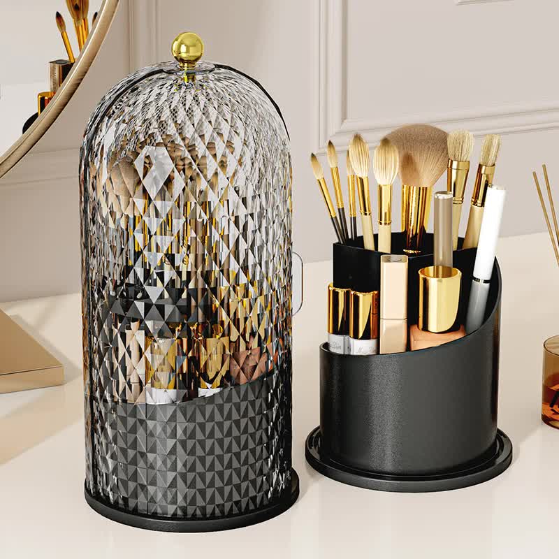 Black Elegant 360 Rotating Makeup Brush Holder & Cosmetic Organizer with Dustproof Dome Lid(Makeup is a prop for shooting and is not included) Tristar Online