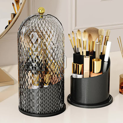 Black Elegant 360 Rotating Makeup Brush Holder & Cosmetic Organizer with Dustproof Dome Lid(Makeup is a prop for shooting and is not included) Tristar Online