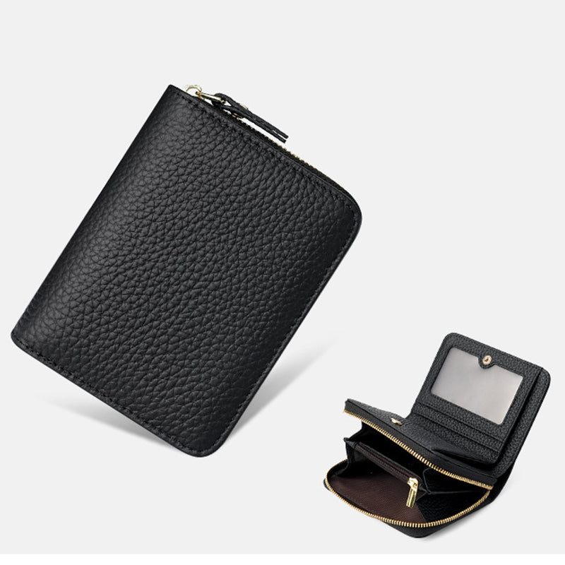 Black Compact RFID Genuine Leather Wallet for Women - Secure Zipper Card Holder & Coin Purse Tristar Online