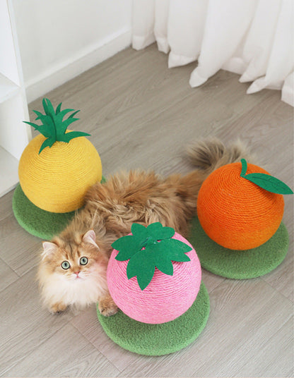 Pink Strawberry And Green Base Fun Fruit Shaped Sisal Cat Scratcher Ball - Durable Scratching Toy with Stable Base Tristar Online