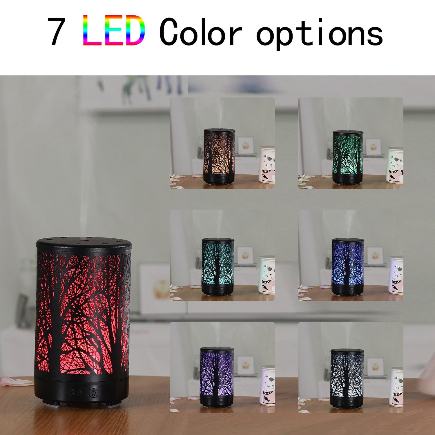 Khaki and Black Forest Design Iron Essential Oil Diffuser - 7 Color LED Ultrasonic Cool Mist Humidifier 100ml Tristar Online
