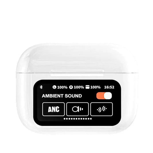White AuraTune Pro: TWS Earbuds with Interactive LCD Case, ANC+ENC Noise Cancellation, AI Translation & EQ Modes Tristar Online