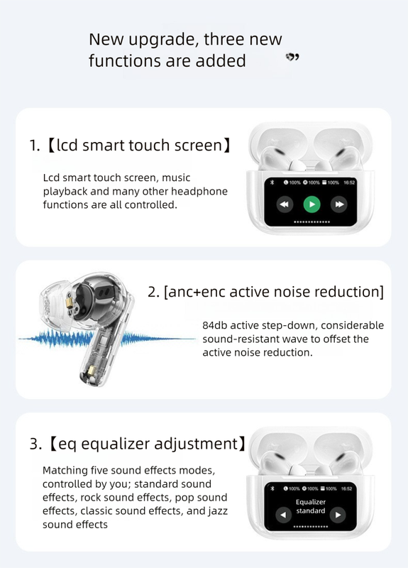 White AuraTune Pro: TWS Earbuds with Interactive LCD Case, ANC+ENC Noise Cancellation, AI Translation & EQ Modes Tristar Online