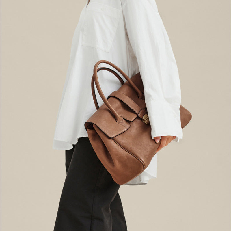 Size L Coffee Elegant Women's Leather Briefcase Tote - Vintage Style Large Capacity Commuter Handbag - Premium Cowhide Leather Tristar Online