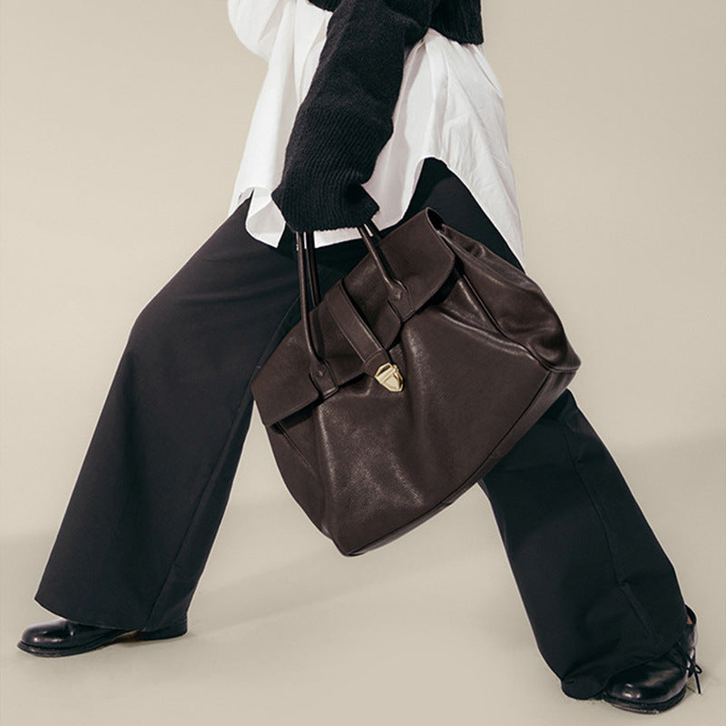Size L Coffee Elegant Women's Leather Briefcase Tote - Vintage Style Large Capacity Commuter Handbag - Premium Cowhide Leather Tristar Online