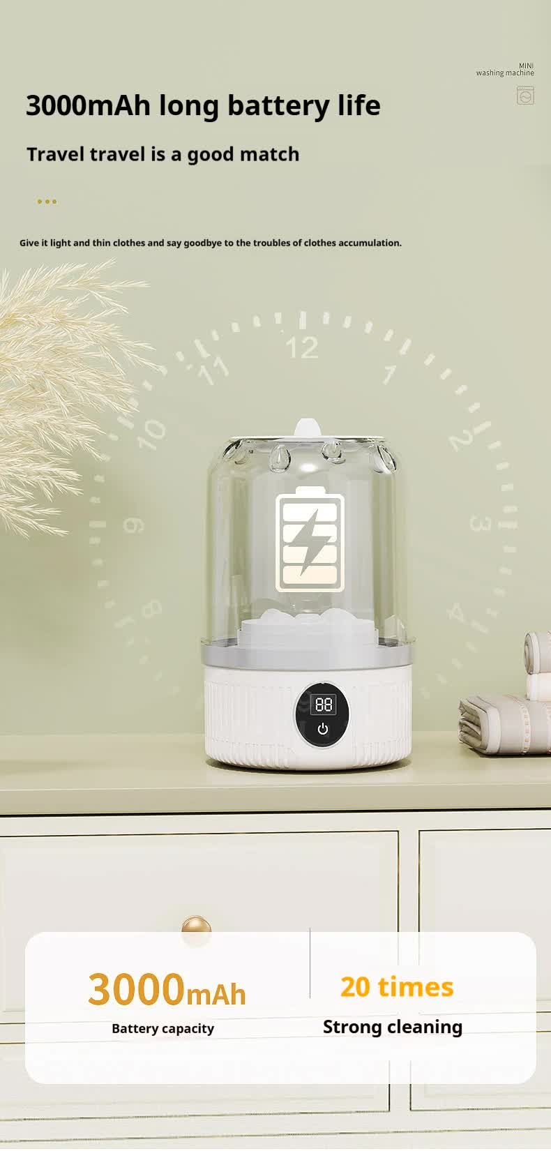 White Portable Mini Washing Machine - Rechargeable USB-C Electric Washer for Travel, Delicates & Socks Tristar Online