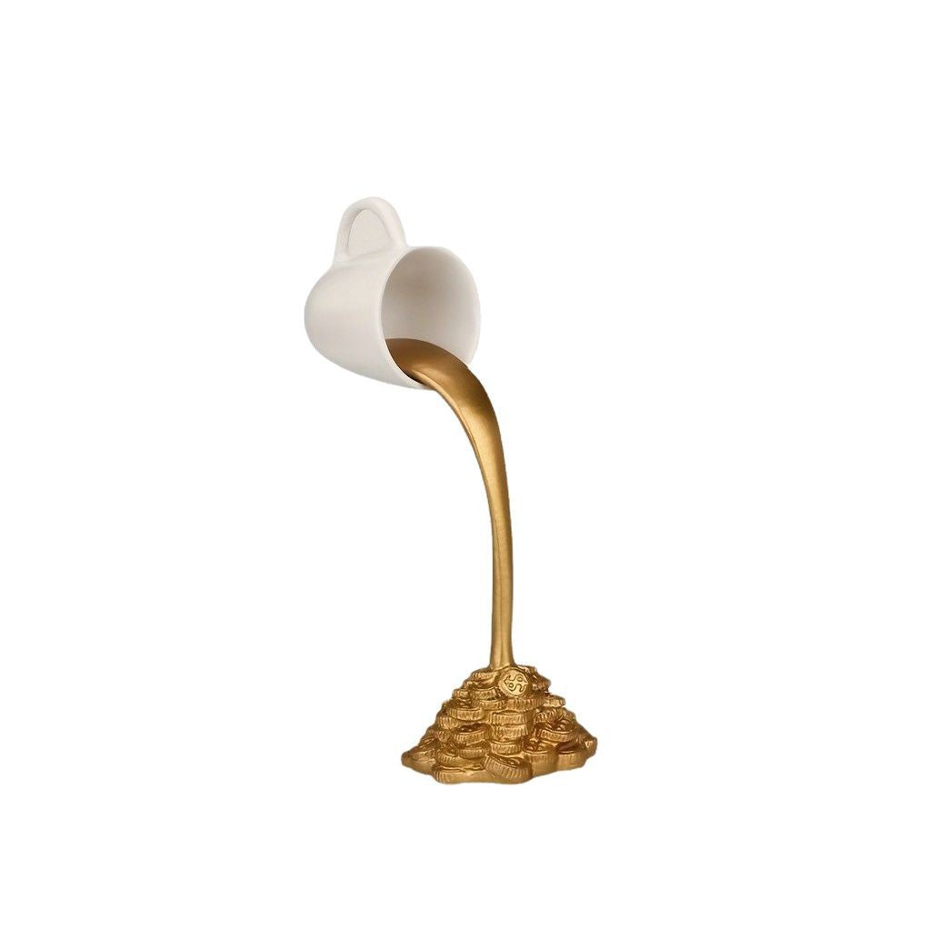 2 Pcs White Cup With Golden "Spill" And Base Magic Pouring Coffee Cup Sculpture - Unique Resin Tabletop Art Accent Tristar Online