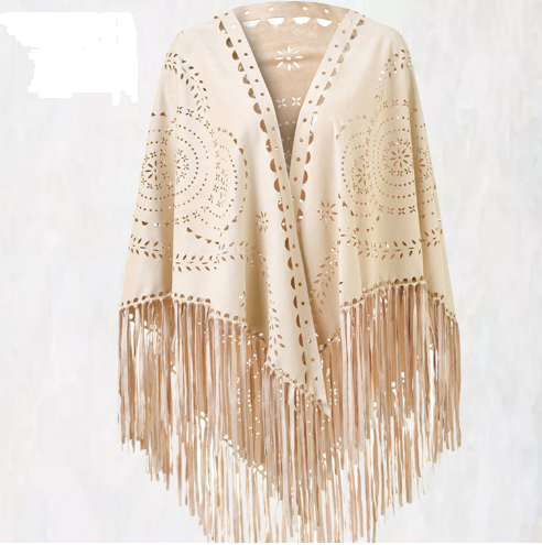 Beige Suede Wheat Tassel Triangle Scarf - Autumn Warm Shawl for Women, Hollow-Out Fringe Design Tristar Online