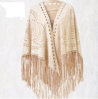 Beige Suede Wheat Tassel Triangle Scarf - Autumn Warm Shawl for Women, Hollow-Out Fringe Design Tristar Online