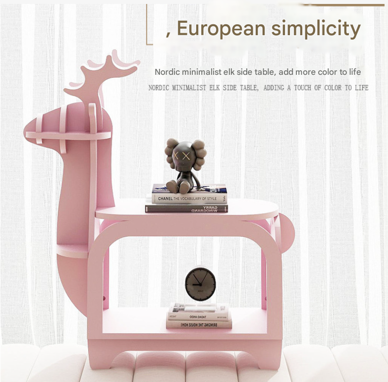 Blue Small Creative Reindeer-Shaped Solid Wood Bookshelf for Kids