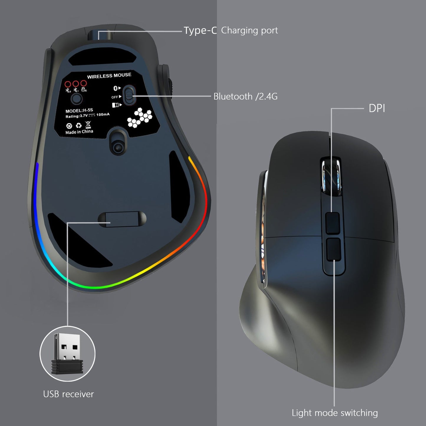 Ergonomic Vertical Wireless Mouse - Dual Mode (2.4G + Bluetooth), RGB Light, Rechargeable 500mAh Battery(Pink) Tristar Online
