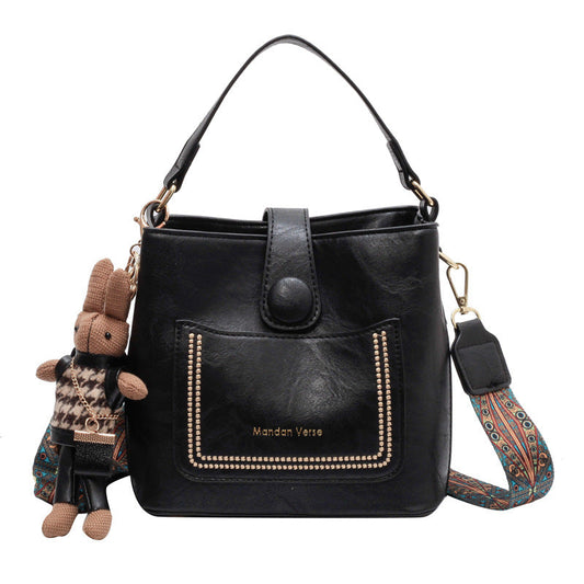 Vintage Style PU Leather Bucket Bag with Wide Patterned Strap & Optional Bunny Charm(black) Tristar Online