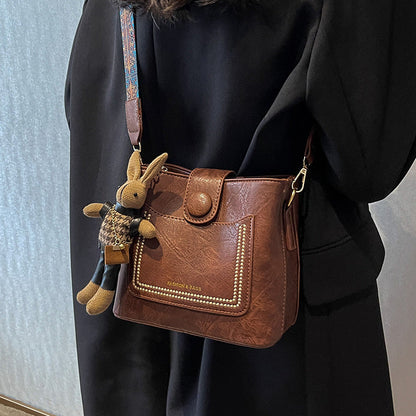 Vintage Style PU Leather Bucket Bag with Wide Patterned Strap & Optional Bunny Charm(black) Tristar Online