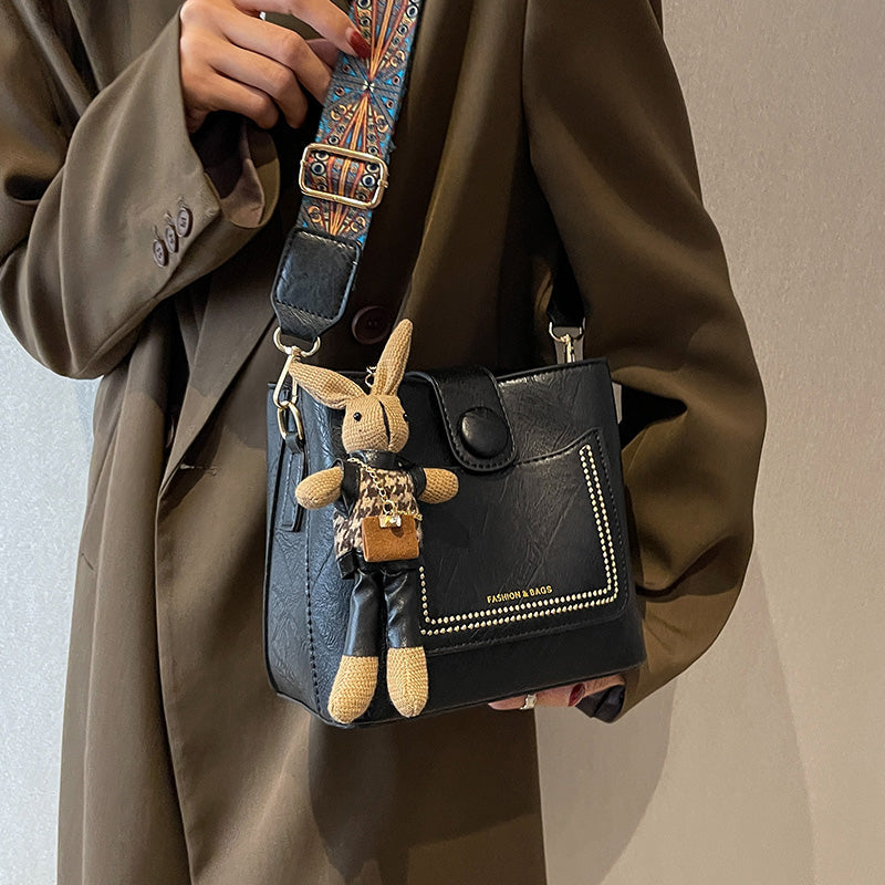 Vintage Style PU Leather Bucket Bag with Wide Patterned Strap & Optional Bunny Charm(black) Tristar Online