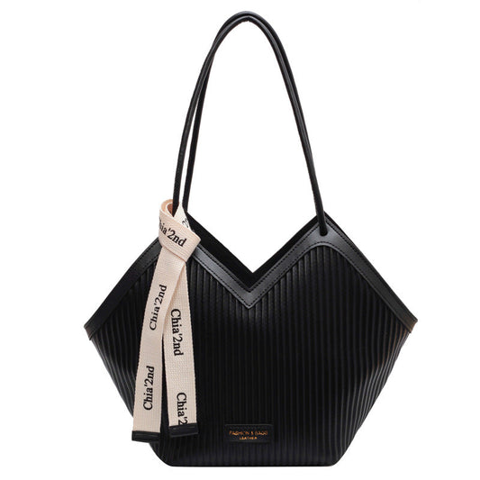 Chic Textured PU Leather Tote Bag with V-Cut Design & Decorative Ribbon Strap Accent(black) Tristar Online