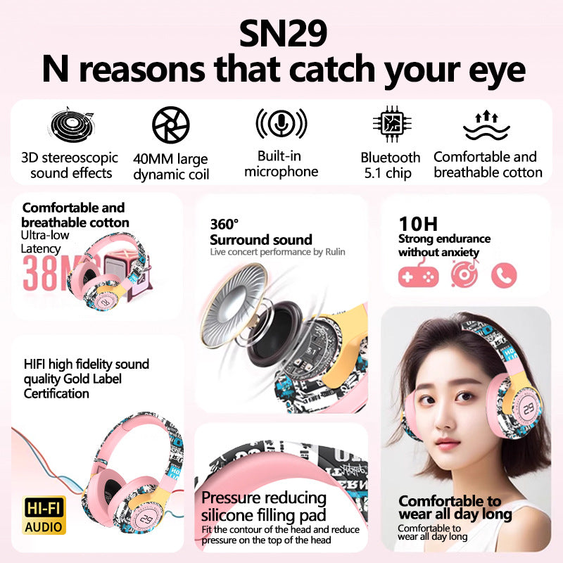 Trendy Graffiti Wireless Over-Ear Headphones - Bluetooth 5.1, HIFI 360 Surround Sound, 12H Playtime, Low Latency(pink) Tristar Online