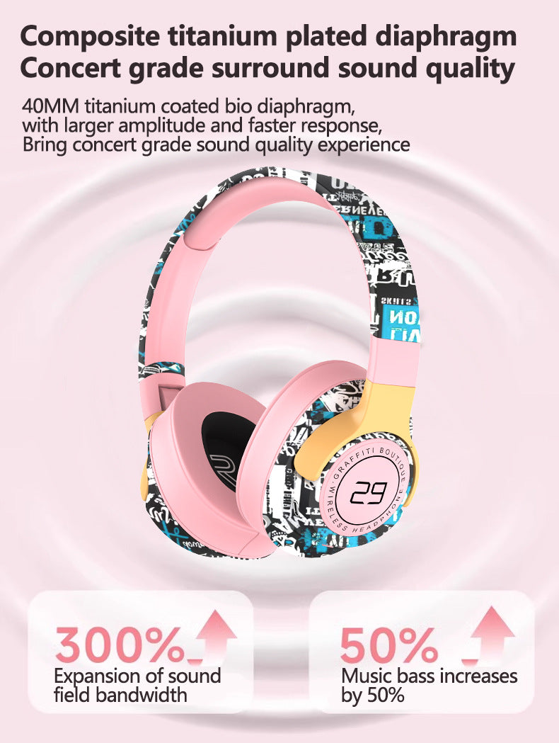 Trendy Graffiti Wireless Over-Ear Headphones - Bluetooth 5.1, HIFI 360 Surround Sound, 12H Playtime, Low Latency(pink) Tristar Online