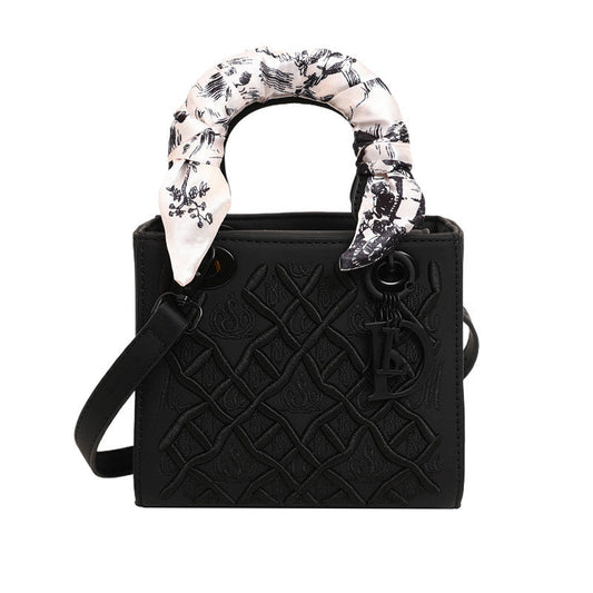 Elegant Embossed PU Leather Handbag with Scarf Detail - Versatile Top-Handle & Crossbody Bag(black) Tristar Online