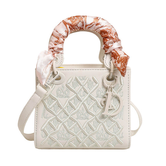 Elegant Embossed PU Leather Handbag with Scarf Detail - Versatile Top-Handle & Crossbody Bag(white) Tristar Online