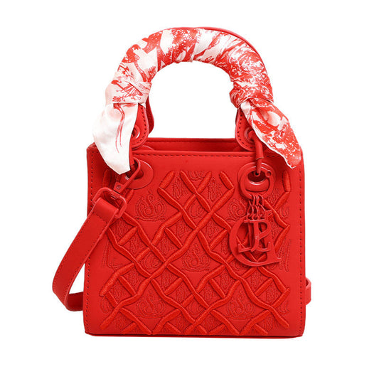 Elegant Embossed PU Leather Handbag with Scarf Detail - Versatile Top-Handle & Crossbody Bag(red) Tristar Online