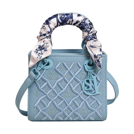 Elegant Embossed PU Leather Handbag with Scarf Detail - Versatile Top-Handle & Crossbody Bag(blue) Tristar Online