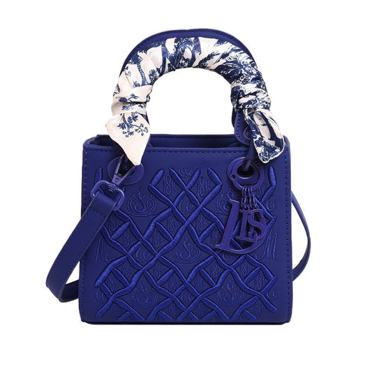 Elegant Embossed PU Leather Handbag with Scarf Detail - Versatile Top-Handle & Crossbody Bag(dark blue) Tristar Online