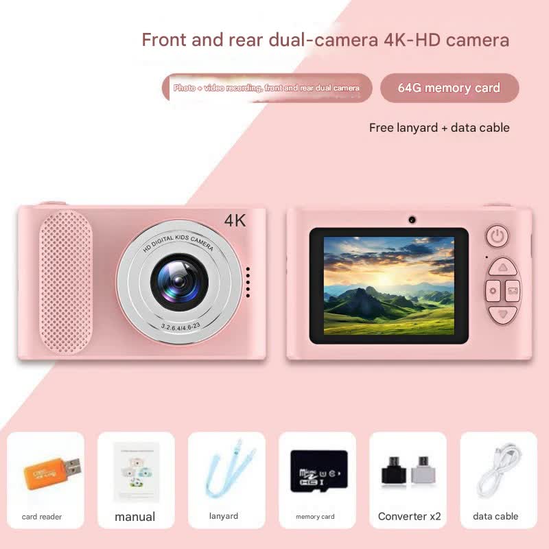 Ultra HD 4K Dual Lens Digital Camera - 44MP, 4X Zoom, 2.4" Screen, Complete with 64GB Card (pink) Tristar Online