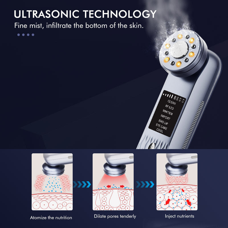 Multi-Functional Facial Beauty Device - Ultrasonic, EMS, RF LED, Cool Therapy & Eye Care(blue) Tristar Online