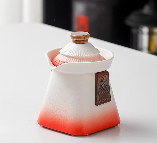Artisan Ceramic Tea Pot with Built-in Strainer - 280ml, Gradient Finish & Wooden Accents(White+red) Tristar Online