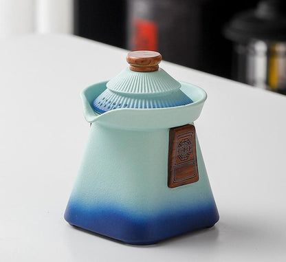 Artisan Ceramic Tea Pot with Built-in Strainer - 280ml, Gradient Finish & Wooden Accents(Blue+green) Tristar Online