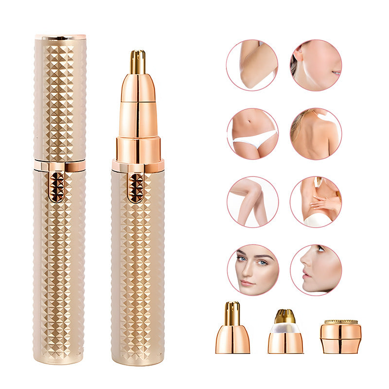 3-in-1 Rechargeable Electric Trimmer for Women - Nose, Eyebrow & Facial Hair Remover with Washable Heads & LED Light(Gold) Tristar Online