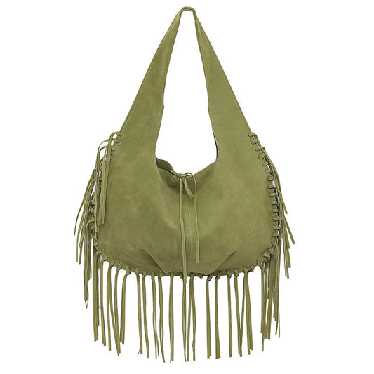 Green Boho Chic Fringed Hobo Bag - Large Capacity Soft Faux Suede Shoulder Tote with Tassel Detail Tristar Online