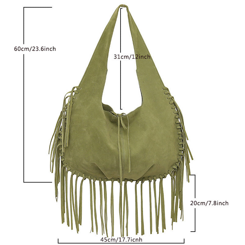 Green Boho Chic Fringed Hobo Bag - Large Capacity Soft Faux Suede Shoulder Tote with Tassel Detail Tristar Online