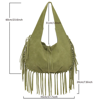Green Boho Chic Fringed Hobo Bag - Large Capacity Soft Faux Suede Shoulder Tote with Tassel Detail Tristar Online