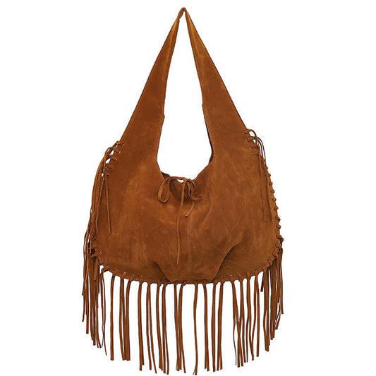 Brown Boho Chic Fringed Hobo Bag - Large Capacity Soft Faux Suede Shoulder Tote with Tassel Detail Tristar Online
