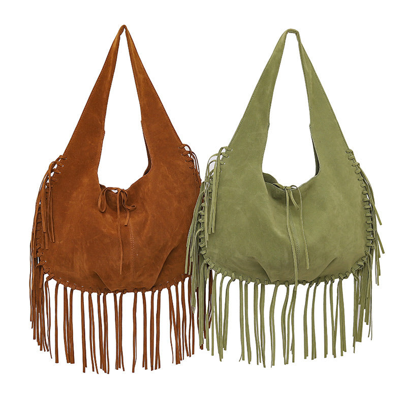 Brown Boho Chic Fringed Hobo Bag - Large Capacity Soft Faux Suede Shoulder Tote with Tassel Detail Tristar Online