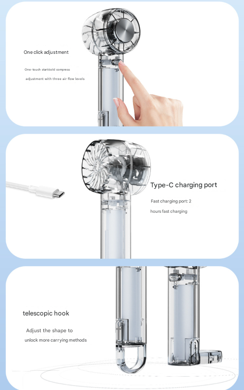 Transparent White Portable Mini Cooling Fan with Semiconductor Ice Compress - USB-C Rechargeable, 3-Speed Turbine & Transparent Design Tristar Online
