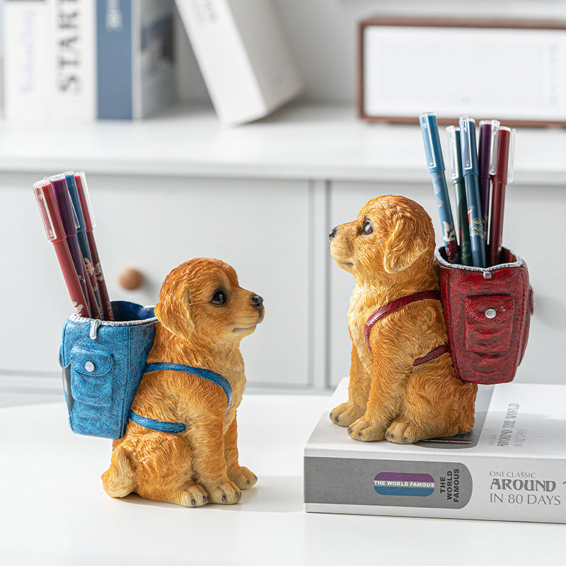 Blue Backpack Charming Golden Retriever Puppy Pen Holder - Resin Desktop Organizer & Decorative Figurine Tristar Online