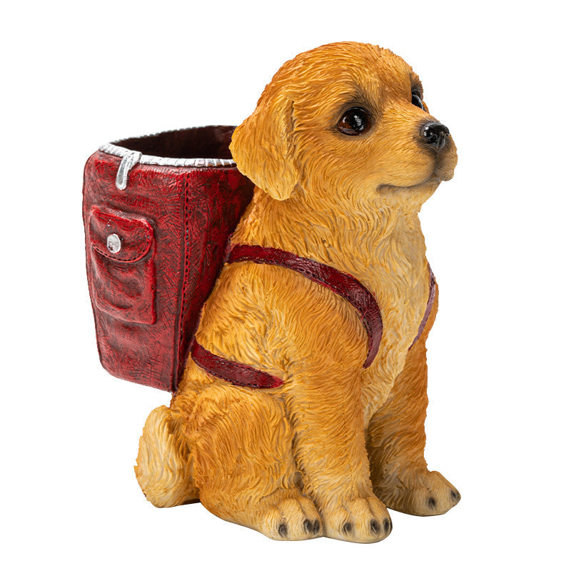 Red Backpack Charming Golden Retriever Puppy Pen Holder - Resin Desktop Organizer & Decorative Figurine Tristar Online