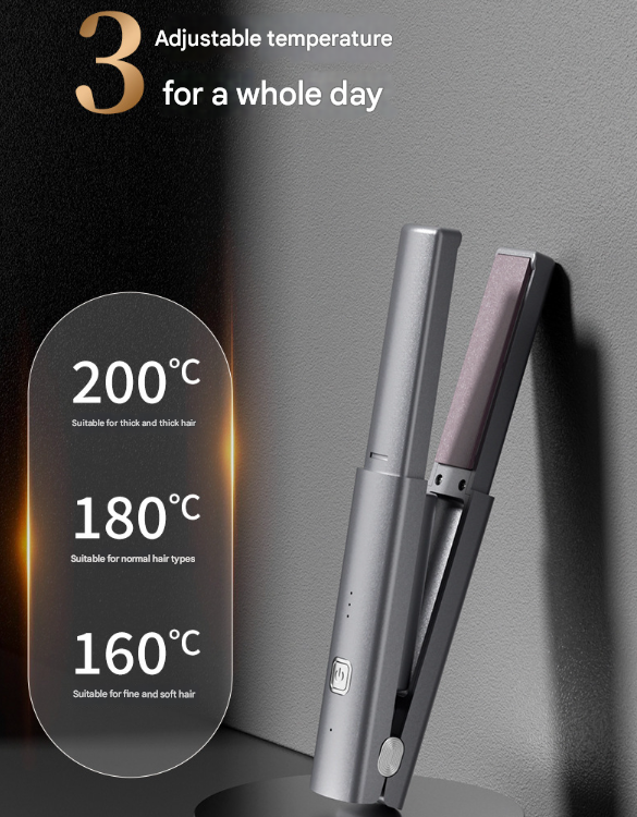 Dark Grey Compact Cordless Hair Straightener - Portable 2-in-1 Mini Flat Iron, USB-C Rechargeable for Travel & Touch-ups Tristar Online