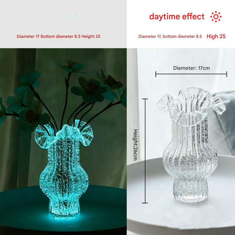 Transparent Elegant Glow-in-the-Dark Glass Vase - Vintage-Style Ruffled & Ribbed Centrepiece Tristar Online