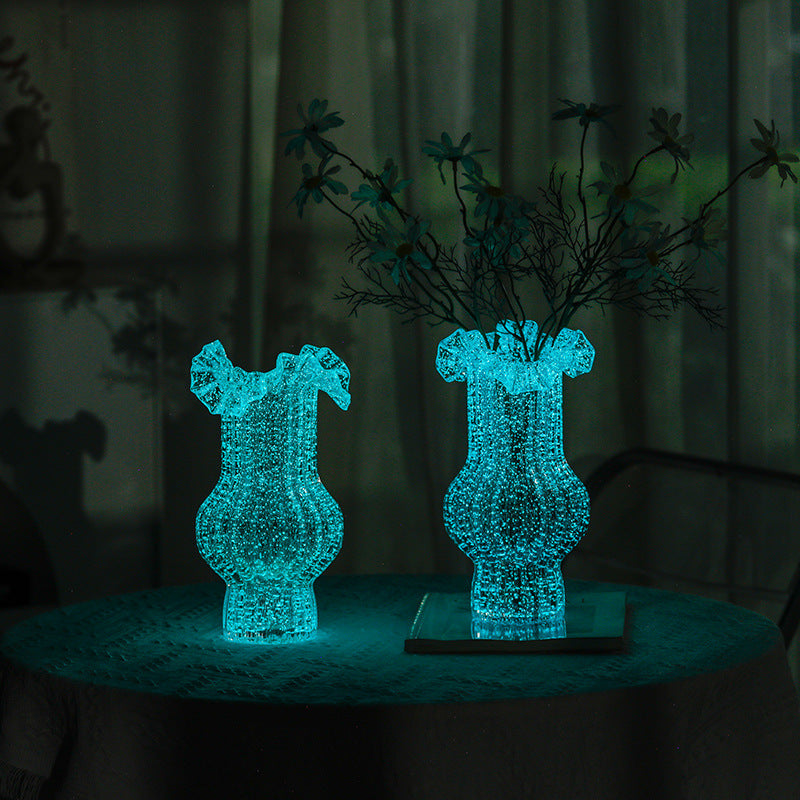 Transparent Elegant Glow-in-the-Dark Glass Vase - Vintage-Style Ruffled & Ribbed Centrepiece Tristar Online