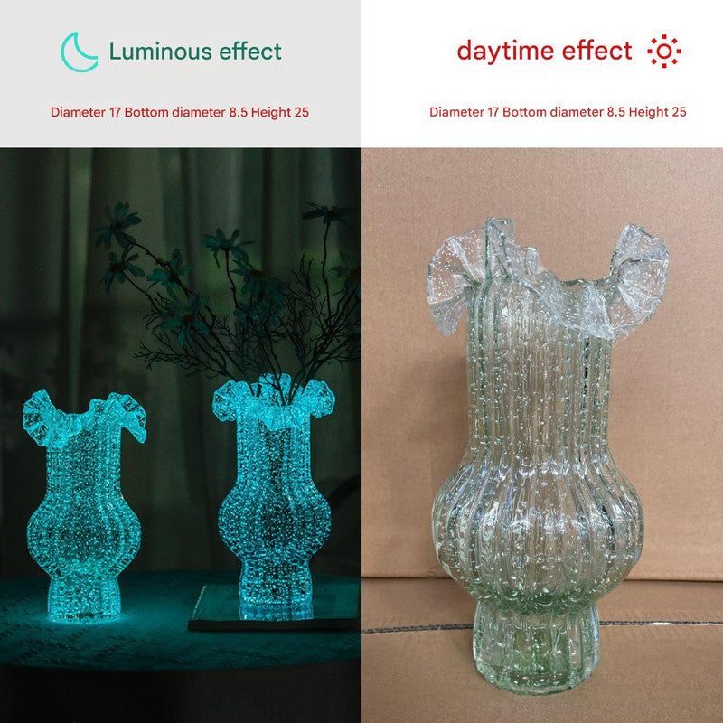 Green Elegant Glow-in-the-Dark Glass Vase - Vintage-Style Ruffled & Ribbed Centrepiece Tristar Online