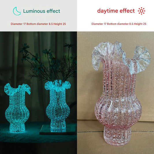 Pink Elegant Glow-in-the-Dark Glass Vase - Vintage-Style Ruffled & Ribbed Centrepiece Tristar Online