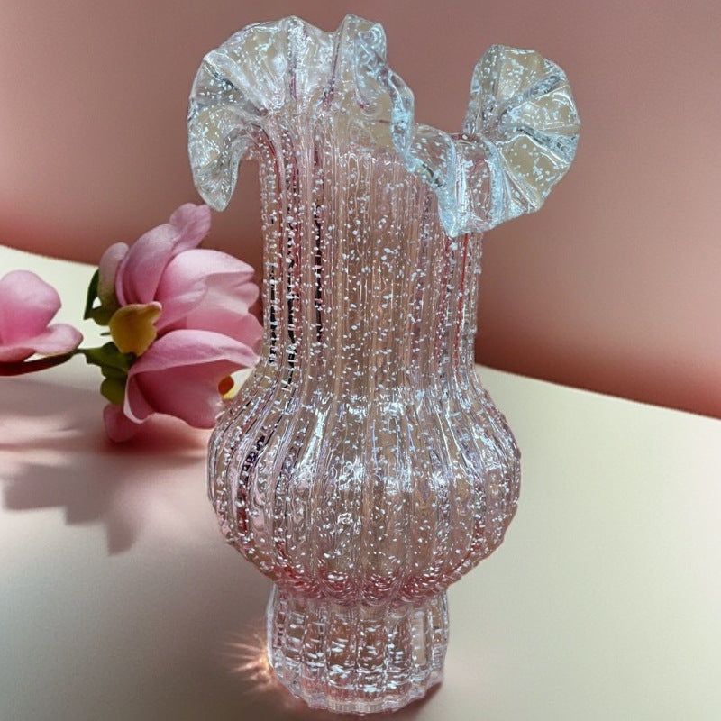 Pink Elegant Glow-in-the-Dark Glass Vase - Vintage-Style Ruffled & Ribbed Centrepiece Tristar Online