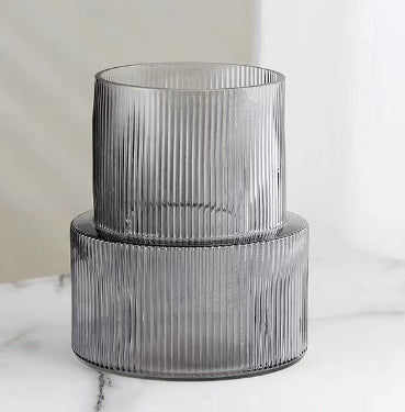 Grey Modern Two-Tier Ribbed Glass Vase - Elegant Cylindrical Flower Centrepiece for Home Decor Tristar Online