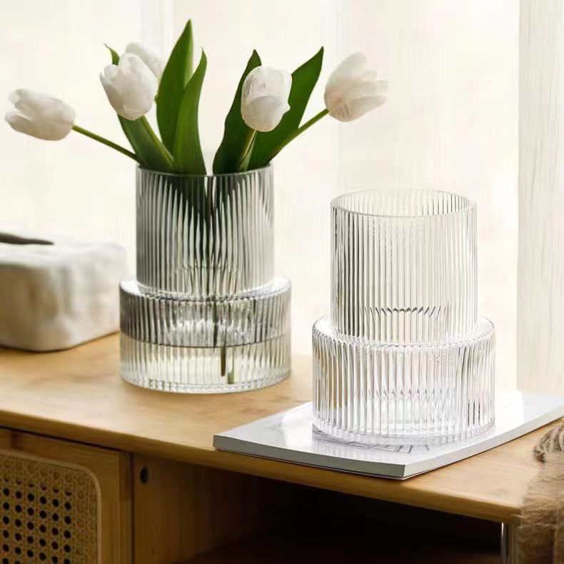 Grey Modern Two-Tier Ribbed Glass Vase - Elegant Cylindrical Flower Centrepiece for Home Decor Tristar Online