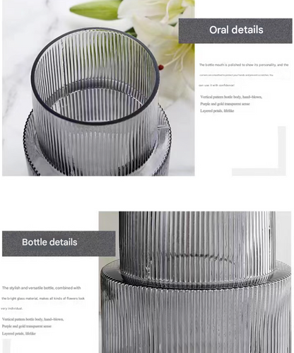 Grey Modern Two-Tier Ribbed Glass Vase - Elegant Cylindrical Flower Centrepiece for Home Decor Tristar Online
