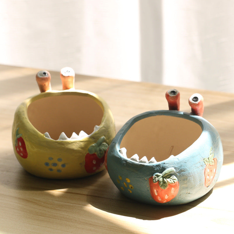 2 Pcs Yellow Whimsical Monster Ceramic Succulent Planter - Hand-Painted Character Pot with Drainage Tristar Online