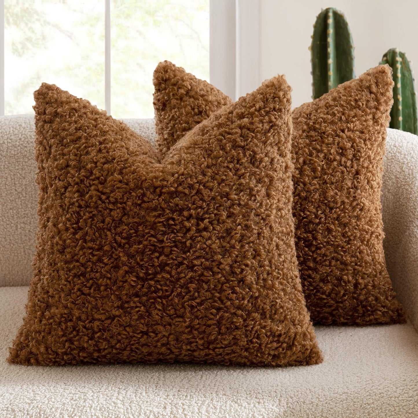 2 Pcs Brown Cozy Teddy Boucle Cushion Cover - Plush Decorative Square Pillow Case for Sofa & Bed Tristar Online